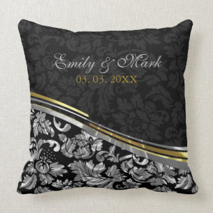 Elegant Black & Silver Damasks Gold Accents Throw Pillow