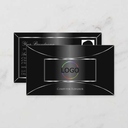 Elegant Black Silver Decor with Logo and Photo Business Card