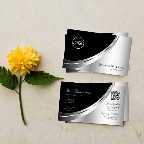 Elegant Black Silver Decor with Logo and QR Code Business Card