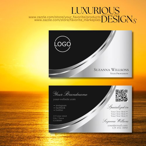 Elegant Black Silver Decor with Logo and QR Code Business Card