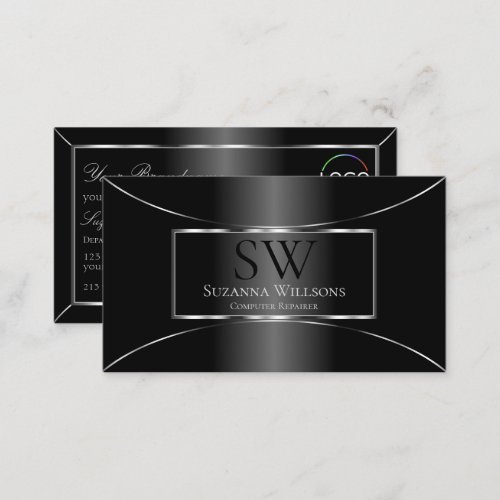 Elegant Black Silver Decor with Monogram and Logo Business Card