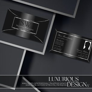 Elegant Black Silver Decor with Monogram and Photo Business Card