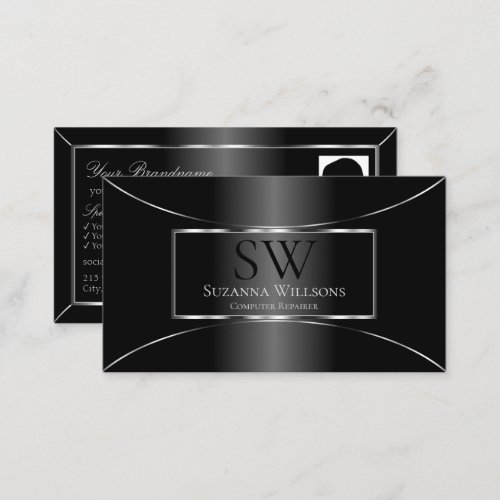 Elegant Black Silver Decor with Monogram and Photo Business Card