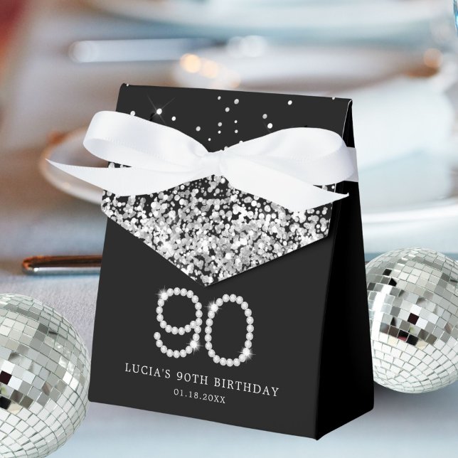 Elegant Black Silver Diamonds 90th Birthday Favor Boxes (Diamonds 90th Birthday Favor Boxes)