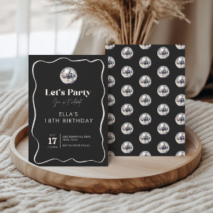 Elegant Black & Silver Disco Ball 18th Birthday Invitation