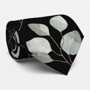 Elegant Black Silver Dollar Eucalyptus Wedding Neck Tie