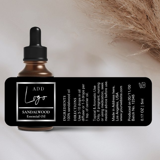 Elegant Black Silver Essential Oil Dropper Bottle Label (Elegant small 1 OZ dropper bottle wraparound label in black and silver *verify label size*)