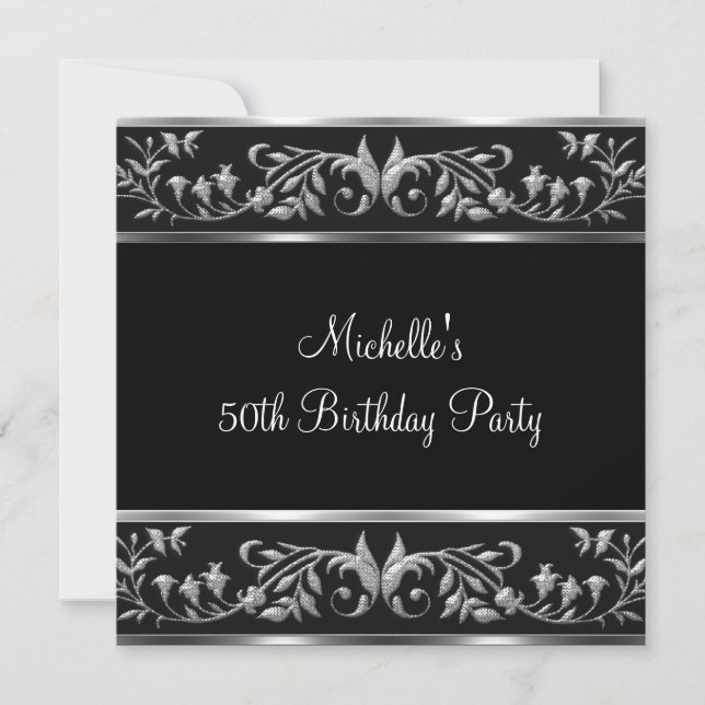 Elegant Black & Silver Floral 50th Birthday Party Invitation (Front)