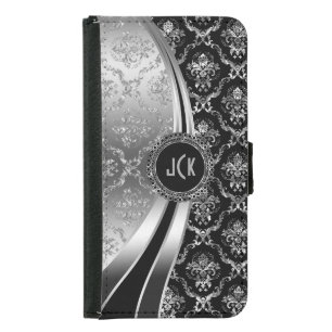 Elegant Black & Silver Floral Damask Wallet Phone Case For Samsung Galaxy S5