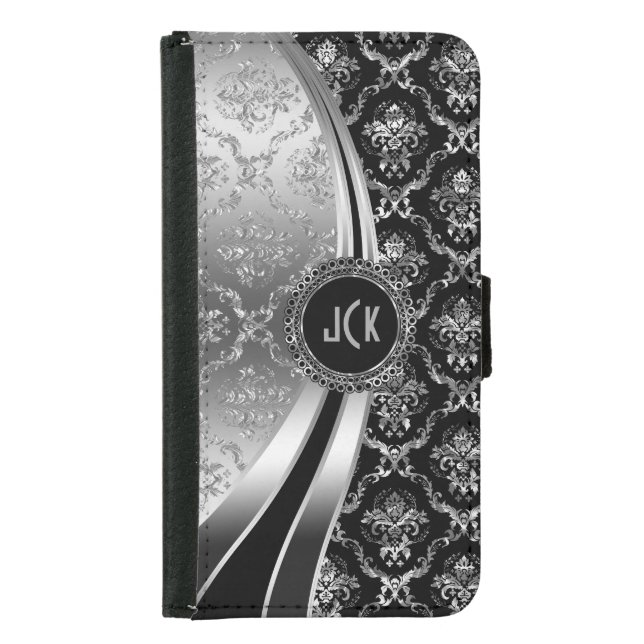 Elegant Black & Silver Floral Damask Samsung Galaxy Wallet Case (Front)