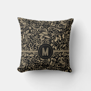 Elegant Black Silver Floral Monogram Throw Pillow