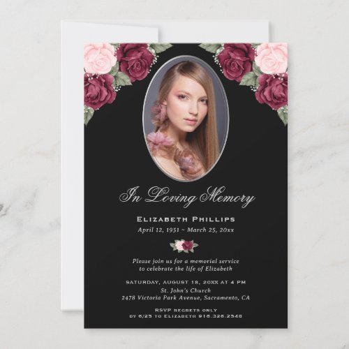 Elegant Black Silver Floral Photo Memorial Service Invitation