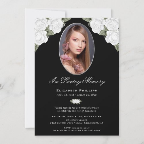 Elegant Black Silver Floral Photo Memorial Service Invitation