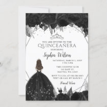Elegant Black Silver Floral Princess Quinceañera  Invitation