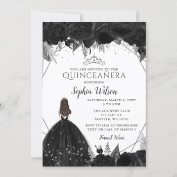 Elegant Black Silver Floral Princess Quinceañera  Invitation by Invitationboutique at Zazzle