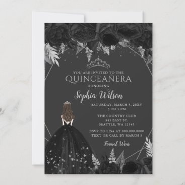 Elegant Black Silver Floral Princess Quinceañera   Invitation