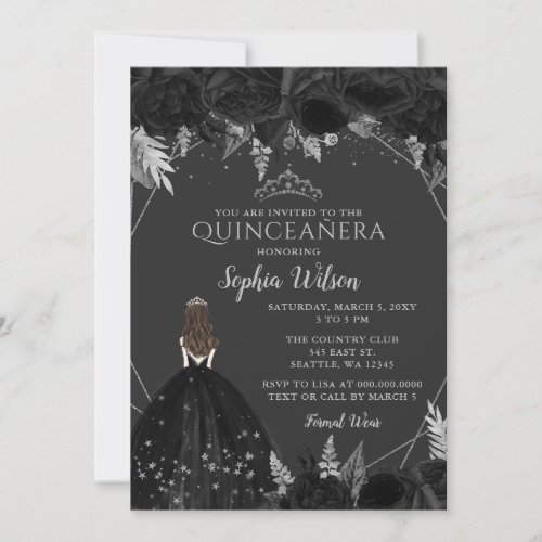 Elegant Black Silver Floral Princess Quinceaera   Invitation