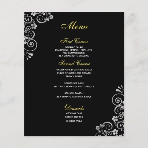 Elegant Black Silver Floral Swirls  Wedding Menu