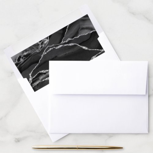 Elegant Black Silver Foil Agate Wedding Envelope Liner