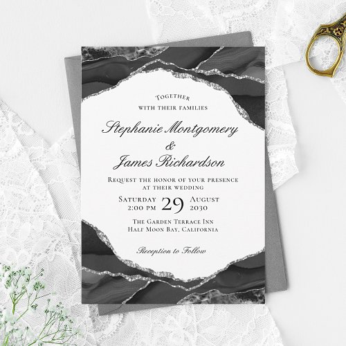 Elegant Black Silver Foil Agate Wedding Invitation