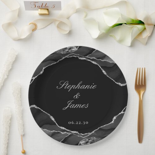 Elegant Black Silver Foil Agate Wedding Paper Plates
