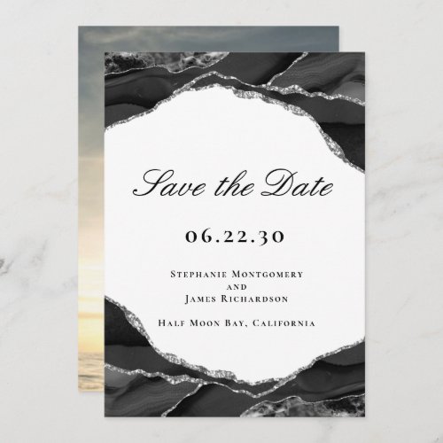 Elegant Black Silver Foil Agate Wedding Photo Save The Date