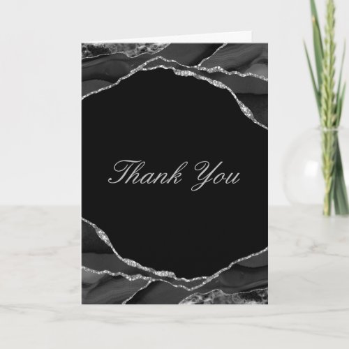 Elegant Black Silver Foil Agate Wedding Photo Thank You Card