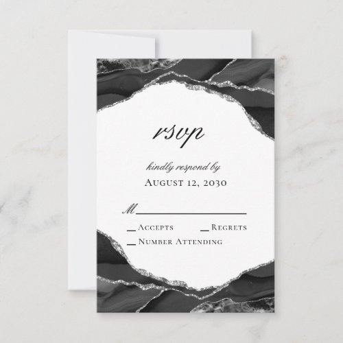 Elegant Black Silver Foil Agate Wedding RSVP Card
