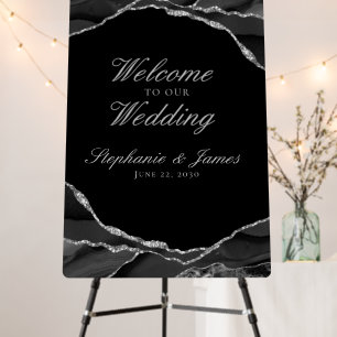 Elegant Black Silver Foil Agate Wedding Welcome Foam Board
