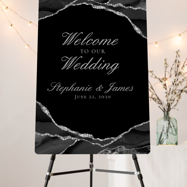 Elegant Black Silver Foil Agate Wedding Welcome Foam Board (In Situ (Stand))