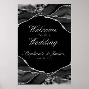 Elegant Black Silver Foil Agate Wedding Welcome Poster