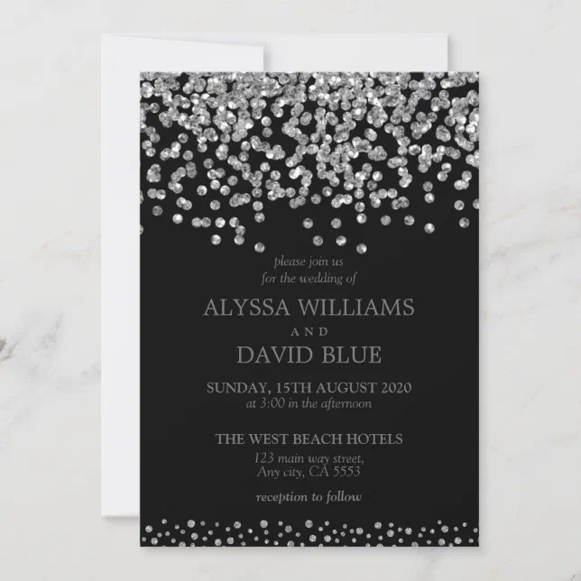 Elegant Black Silver Foil Confetti Modern Wedding Invitation 