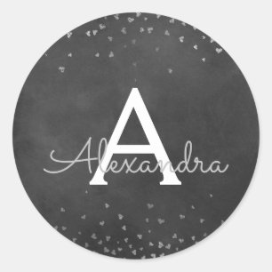 Elegant Black - Silver Foil Confetti Monogram Classic Round Sticker