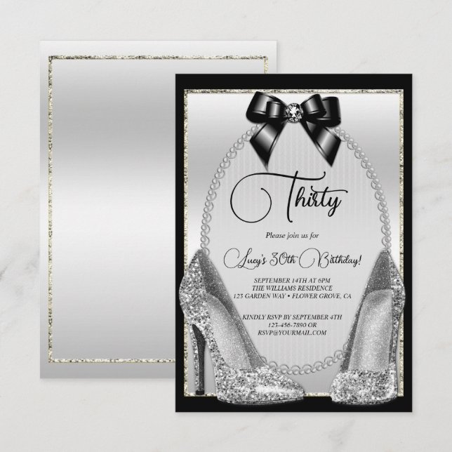 Elegant Black, Silver Gem Bow & Stilettos Birthday Invitation (Front/Back)