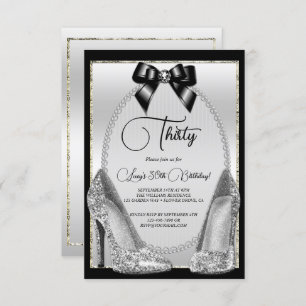 Elegant Black, Silver Gem Bow & Stilettos Birthday Invitation