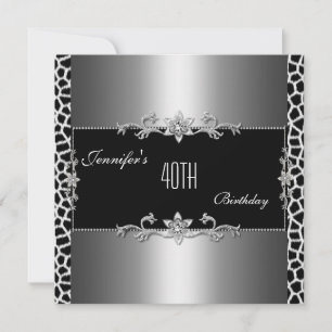 Elegant Black Silver Giraffe Print Jewel 40th Invitation