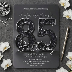 Elegant Black Silver Glitter 85th Birthday Party Invitation