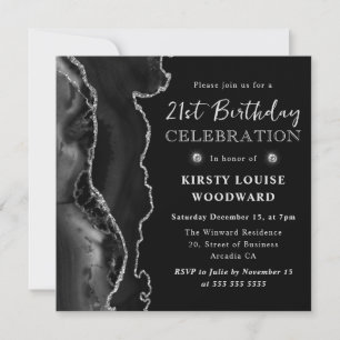 Elegant Black & Silver Glitter Agate 21st Birthday Invitation