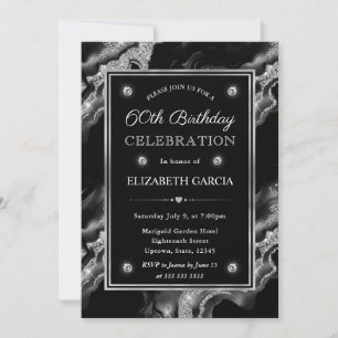 Elegant Black & Silver Glitter Agate 60th Birthday Invitation