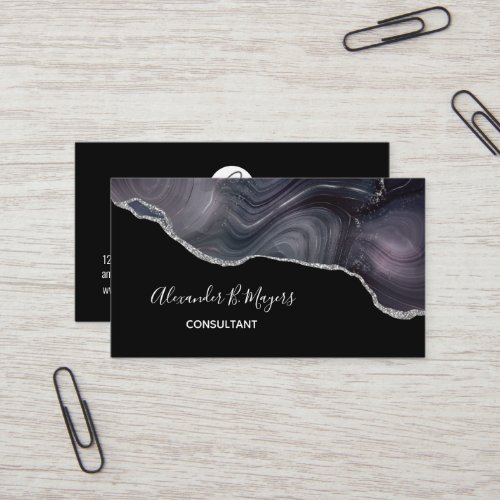 Elegant Black Silver Glitter Agate Geode Monogram  Business Card