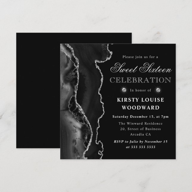 Elegant Black & Silver Glitter Agate Sweet Sixteen Invitation (Front/Back)