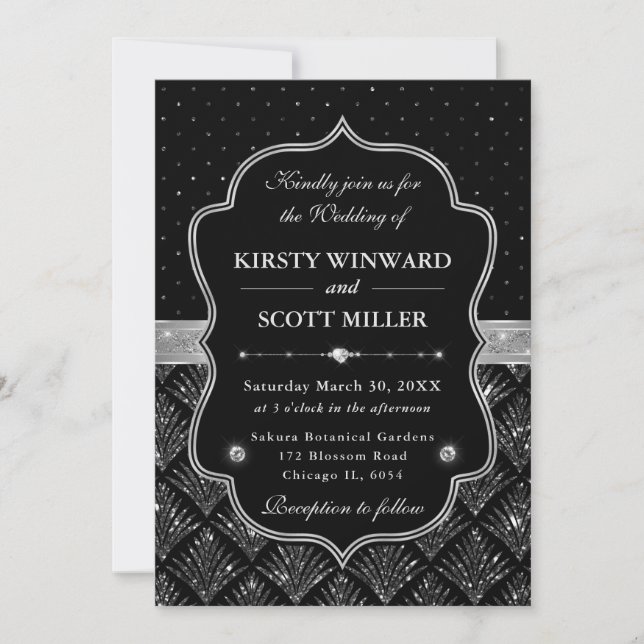 Elegant Black & Silver Glitter Art Deco Wedding Invitation (Front)