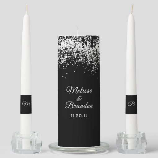 Elegant Black Silver Glitter Bride Groom Names Unity Candle Set Zazzle