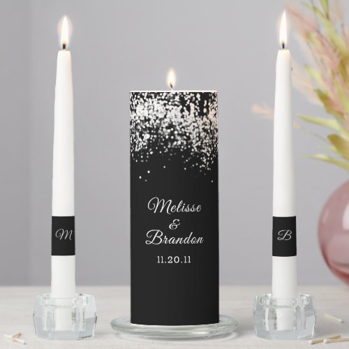 Elegant Black Silver Glitter  Bride Groom Names  Unity Candle Set