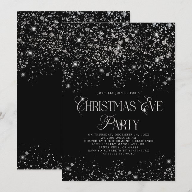 Elegant Black Silver Glitter Christmas Eve Party Invitation (Front/Back)