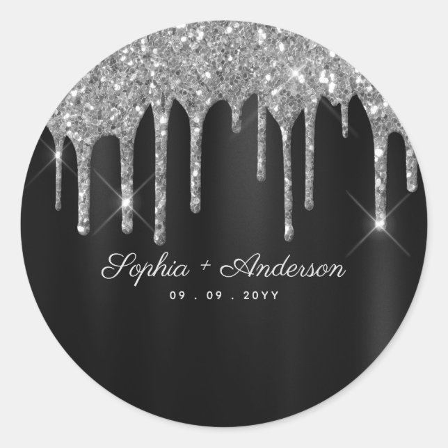 Elegant Black & Silver Glitter Drip Custom  Classic Round Sticker (Front)