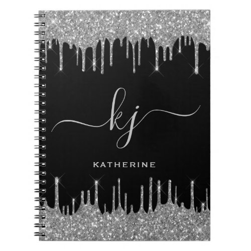 Elegant Black Silver Glitter Drips Monogram Script Notebook