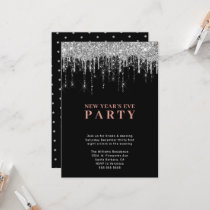 Elegant Black Silver Glitter Drips New Years Eve Invitation