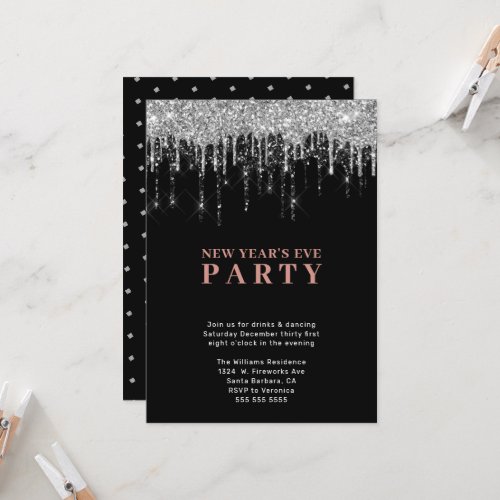 Elegant Black Silver Glitter Drips New Years Eve Invitation