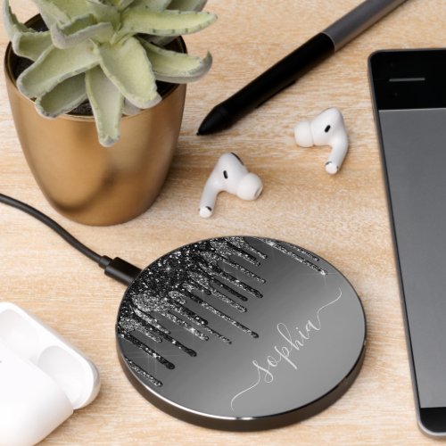 Elegant Black  Silver Glitter Drips Personalized Wireless Charger